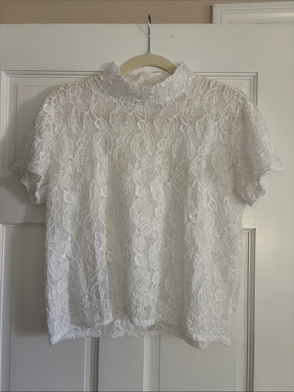 White Lace Short-Sleeve Mock Neck Top